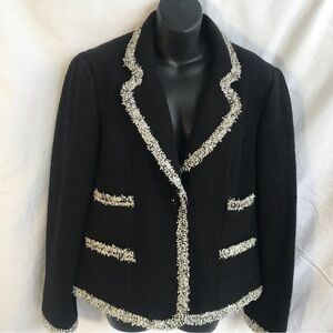 KORINNA WOOL BLEND BOUCLE BLAZER WITH CONTRAST DETAIL, CHANEL STYLE, SIZE 14